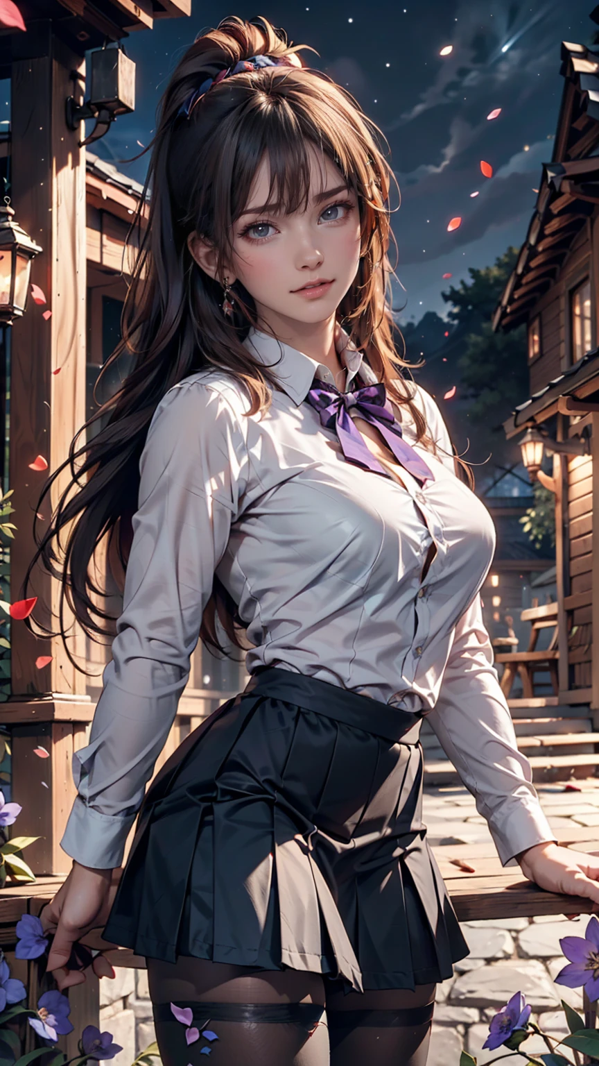 Highest quality, masterpiece,, figure, wallpaper,One girl, alone, school uniform, White shirt, Black Skirt, Light Hair, Semi-long hair, Beautiful detailed girl, Highly detailed eyes and face, Beautiful attention to detail, shy, nature_Lighting, Shine,Browsing Caution, clean null, View your viewers, Outdoor, night null, star (null), loafers, Black Pantyhose, Blue bow tie, Straight hair, Purple petals, Purple and blue flowers, Red Eyes, ponytail, Blue Ribbon,Gray Hair, thick_Thighs, Large Breasts, Red eyes,