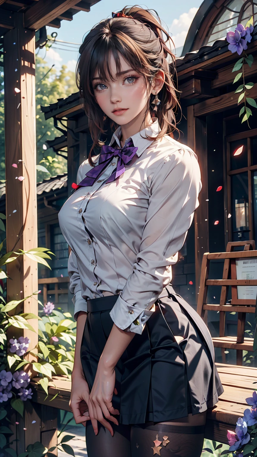 Highest quality, masterpiece,, figure, wallpaper,One girl, alone, school uniform, White shirt, Black Skirt, Light Hair, Semi-long hair, Beautiful detailed girl, Highly detailed eyes and face, Beautiful attention to detail, shy, nature_Lighting, Shine,Browsing Caution, clean null, View your viewers, Outdoor, night null, star (null), loafers, Black Pantyhose, Blue bow tie, Straight hair, Purple petals, Purple and blue flowers, Red Eyes, ponytail, Blue Ribbon,Gray Hair, thick_Thighs, Large Breasts, Red eyes,