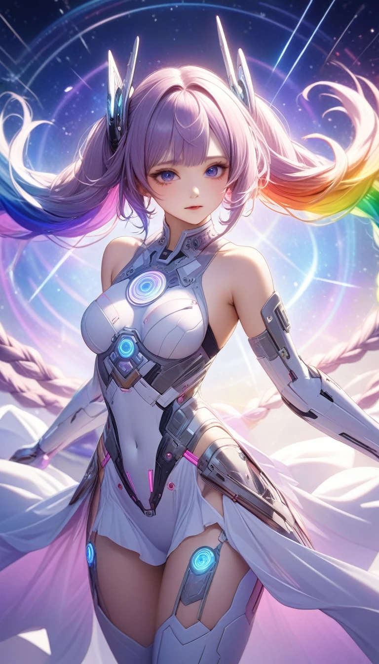 Highest quality, Super Fine, 16K, Incredibly absurd, Very detailed, delicate and dynamic, Huge and beautiful、Fight against the transparent and shining goddess、Cool and beautiful cyber warrior, Her hair has a gradient from white to purple at the ends., Long braided low twin tails, Rainbow Magic Circle, Background space galaxy far away