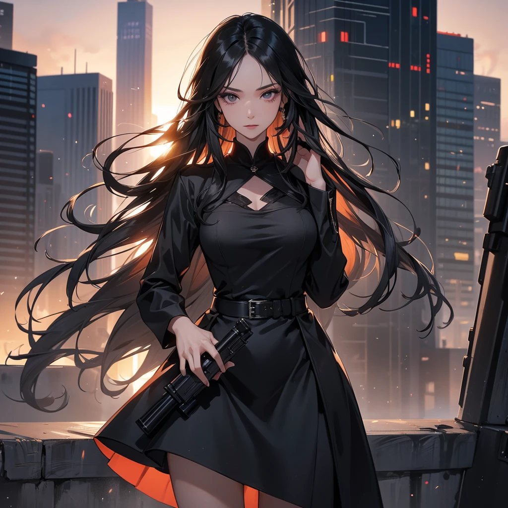 a beautiful woman with long black hair, wearing a tight black dress, standing holding a pistol, aiming the barrel at the bad guys, on a tall building, the sun is setting, close up.