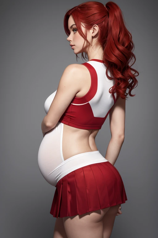 8k, masterpiece, very realistic, Full body Sexy pregnant cheerleader, very slim waist, slim thighs, pleated red mini skirt, white crop top, wavy red hair, medium breasts, pregnant, curved back, from the back 