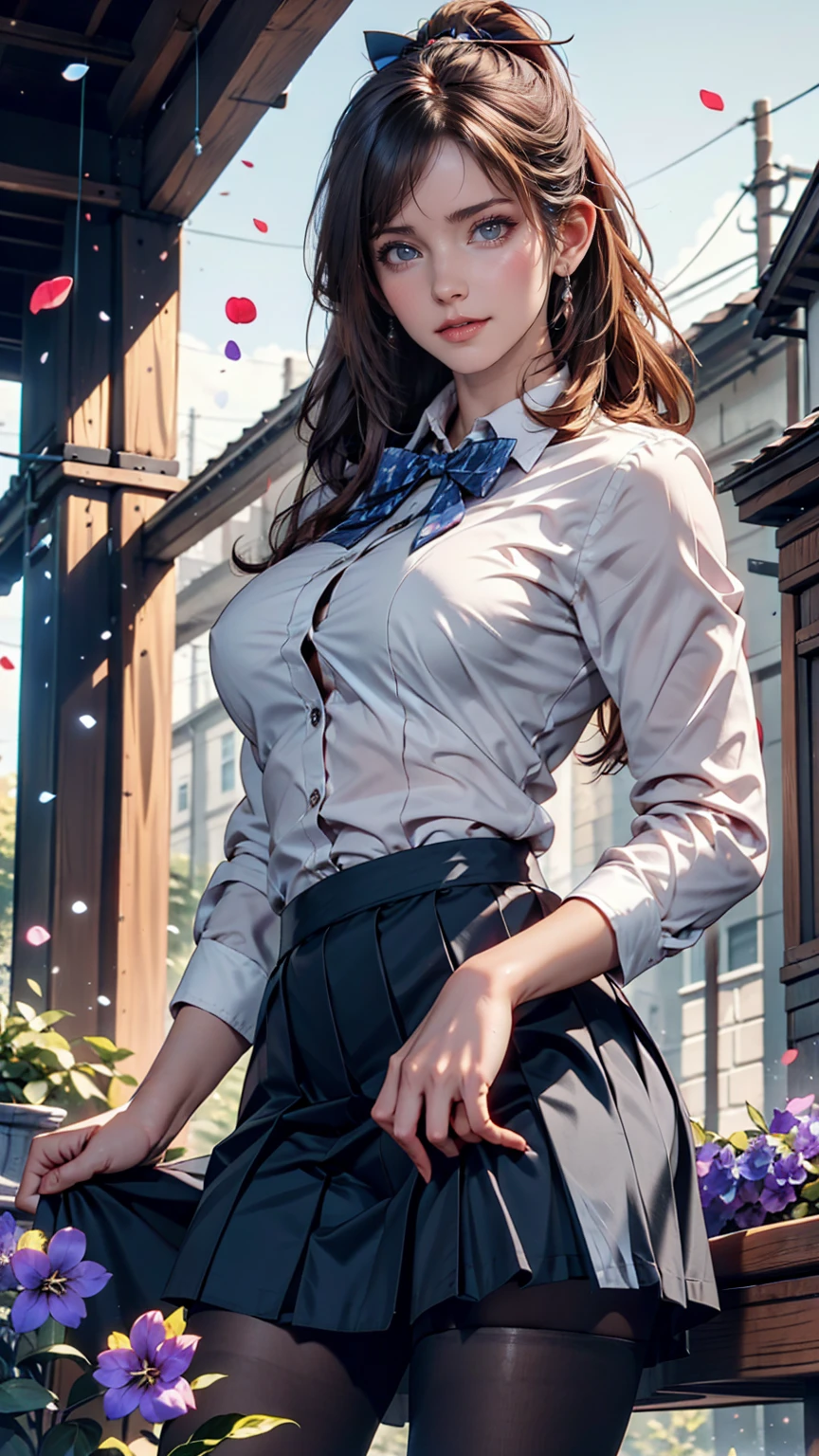 Highest quality, masterpiece,, figure, wallpaper,One girl, alone, school uniform, White shirt, Black Skirt, Light Hair, Semi-long hair, Beautiful detailed girl, Highly detailed eyes and face, Beautiful attention to detail, shy, nature_Lighting, Shine,Browsing Caution, clean null, View your viewers, Outdoor, night null, star (null), loafers, Black Pantyhose, Blue bow tie, Straight hair, Purple petals, Purple and blue flowers, Red Eyes, ponytail, Blue Ribbon,Gray Hair, thick_Thighs, Large Breasts, Red eyes,