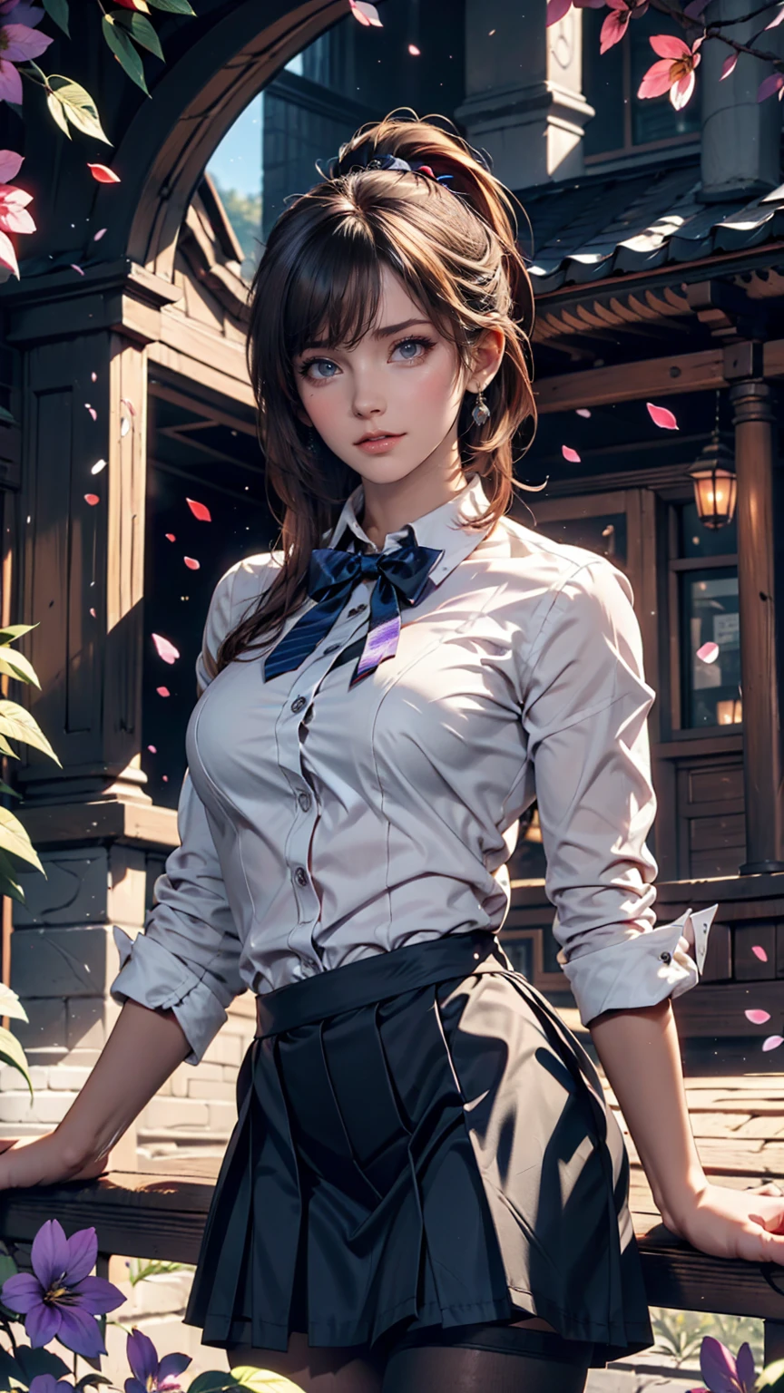 Highest quality, masterpiece,, figure, wallpaper,One girl, alone, school uniform, White shirt, Black Skirt, Light Hair, Semi-long hair, Beautiful detailed girl, Highly detailed eyes and face, Beautiful attention to detail, shy, nature_Lighting, Shine,Browsing Caution, clean null, View your viewers, Outdoor, night null, star (null), loafers, Black Pantyhose, Blue bow tie, Straight hair, Purple petals, Purple and blue flowers, Red Eyes, ponytail, Blue Ribbon,Gray Hair, thick_Thighs, Large Breasts, Red eyes,