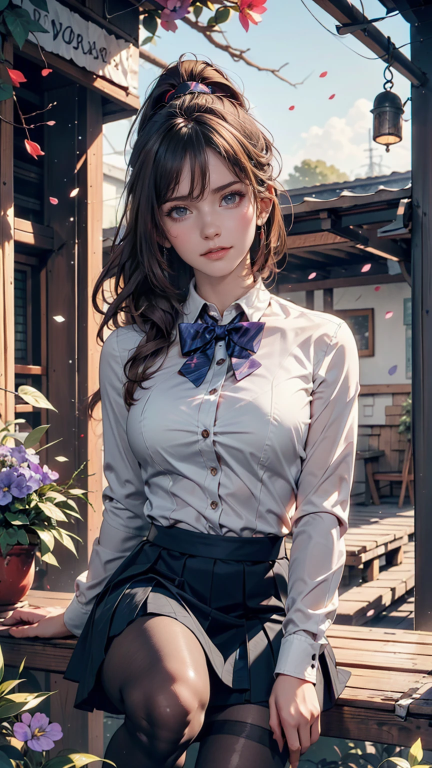 Highest quality, masterpiece,, figure, wallpaper,One girl, alone, school uniform, White shirt, Black Skirt, Light Hair, Semi-long hair, Beautiful detailed girl, Highly detailed eyes and face, Beautiful attention to detail, shy, nature_Lighting, Shine,Browsing Caution, clean null, View your viewers, Outdoor, night null, star (null), loafers, Black Pantyhose, Blue bow tie, Straight hair, Purple petals, Purple and blue flowers, Red Eyes, ponytail, Blue Ribbon,Gray Hair, thick_Thighs, Large Breasts, Red eyes,