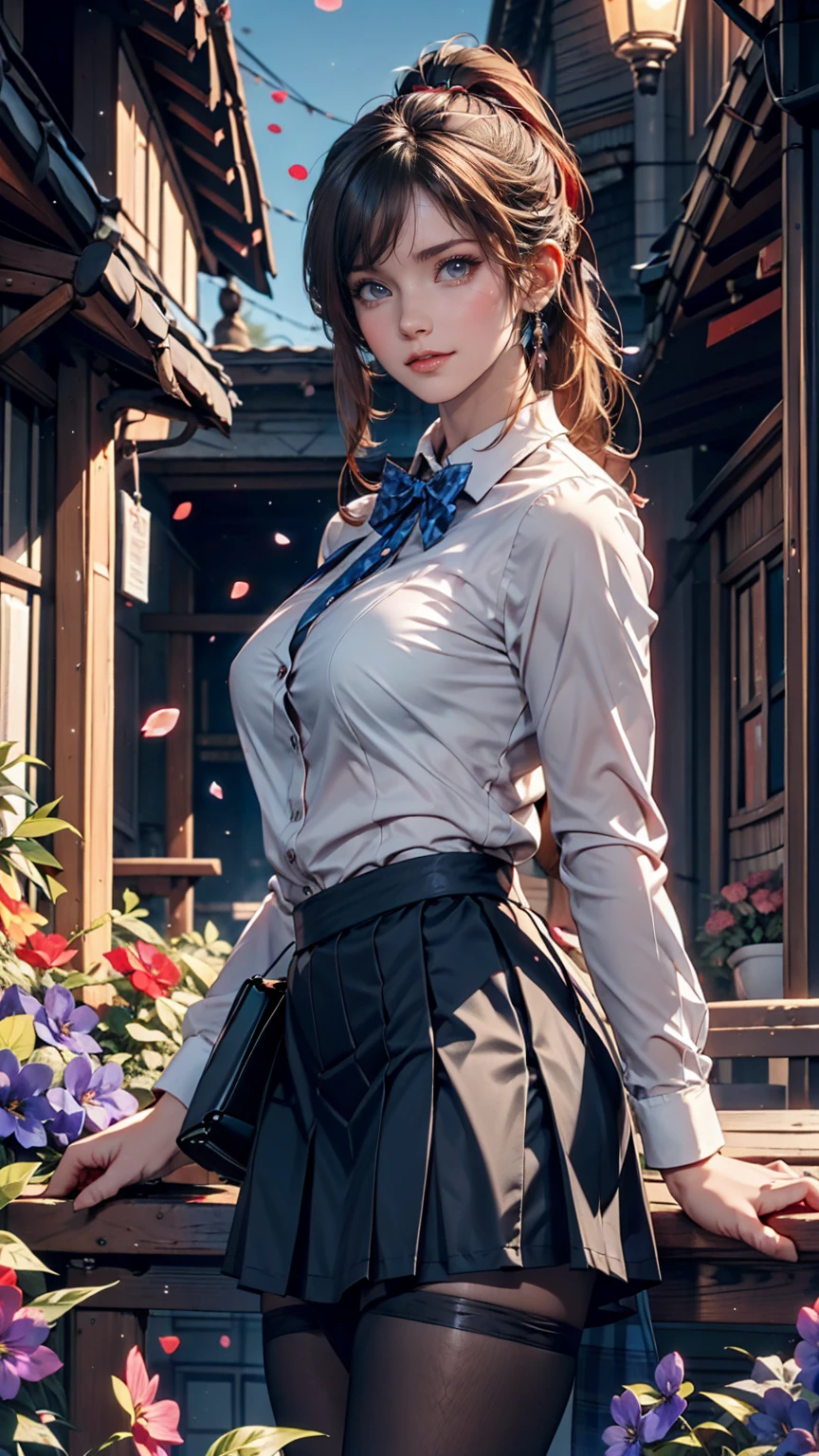 Highest quality, masterpiece,, figure, wallpaper,One girl, alone, school uniform, White shirt, Black Skirt, Light Hair, Semi-long hair, Beautiful detailed girl, Highly detailed eyes and face, Beautiful attention to detail, shy, nature_Lighting, Shine,Browsing Caution, clean null, View your viewers, Outdoor, night null, star (null), loafers, Black Pantyhose, Blue bow tie, Straight hair, Purple petals, Purple and blue flowers, Red Eyes, ponytail, Blue Ribbon,Gray Hair, thick_Thighs, Large Breasts, Red eyes,