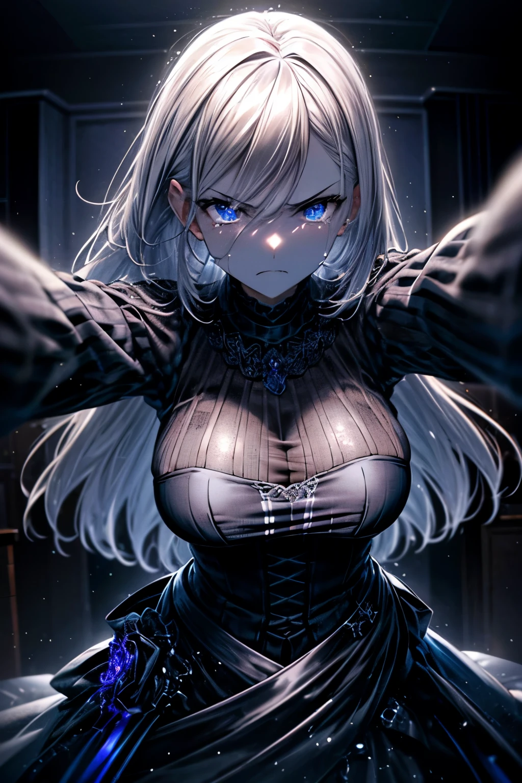 so beautiful，8k，Gray Hair，Large Breasts，Detailed blue eyes，Black Dress，1girl solo, kabedon pov，Angry Face，tears