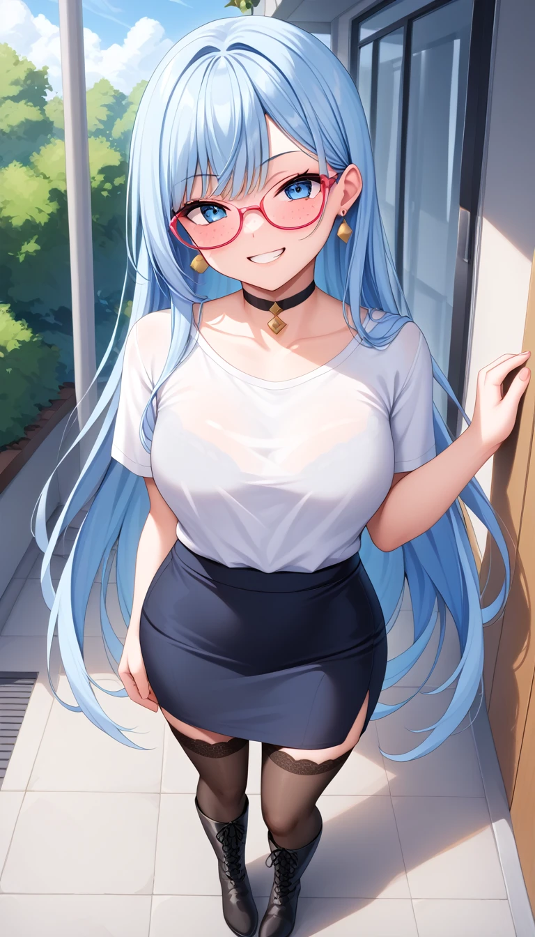 Masterpiece, high res, beautiful art, professional artist, 8k, art style by sciamano240, very detailed face, very detailed hair, very detailed clothes, 1girl, perfectly drawn body, beautiful face, long hair, light blue hair , very detailed blue vertical cat eyes, square glasses, pouty lips , rosey cheeks, intricate details in eyes, extreme close up of face, see only head and neck, staring directly at viewer, wearing cute summer clothes, t shirt, necklace, choker, earrings, jewelery, pencil skirt, black tigh boots, stockings, some freckles, warm grin, in love with the viewer expression, morning summer setting, pov standing outside with viewer,