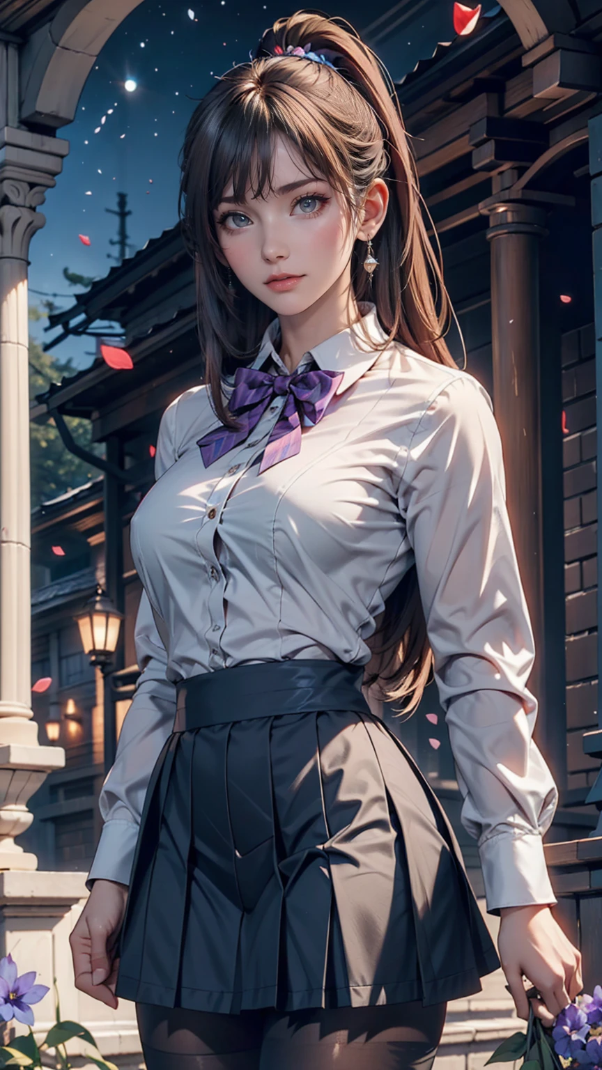 Highest quality, masterpiece,, figure, wallpaper,One girl, alone, school uniform, White shirt, Black Skirt, Light Hair, Semi-long hair, Beautiful detailed girl, Highly detailed eyes and face, Beautiful attention to detail, shy, nature_Lighting, Shine,Browsing Caution, clean null, View your viewers, Outdoor, night null, star (null), loafers, Black Pantyhose, Blue bow tie, Straight hair, Purple petals, Purple and blue flowers, Red Eyes, ponytail, Blue Ribbon,Gray Hair, thick_Thighs, Large Breasts, Red eyes,
