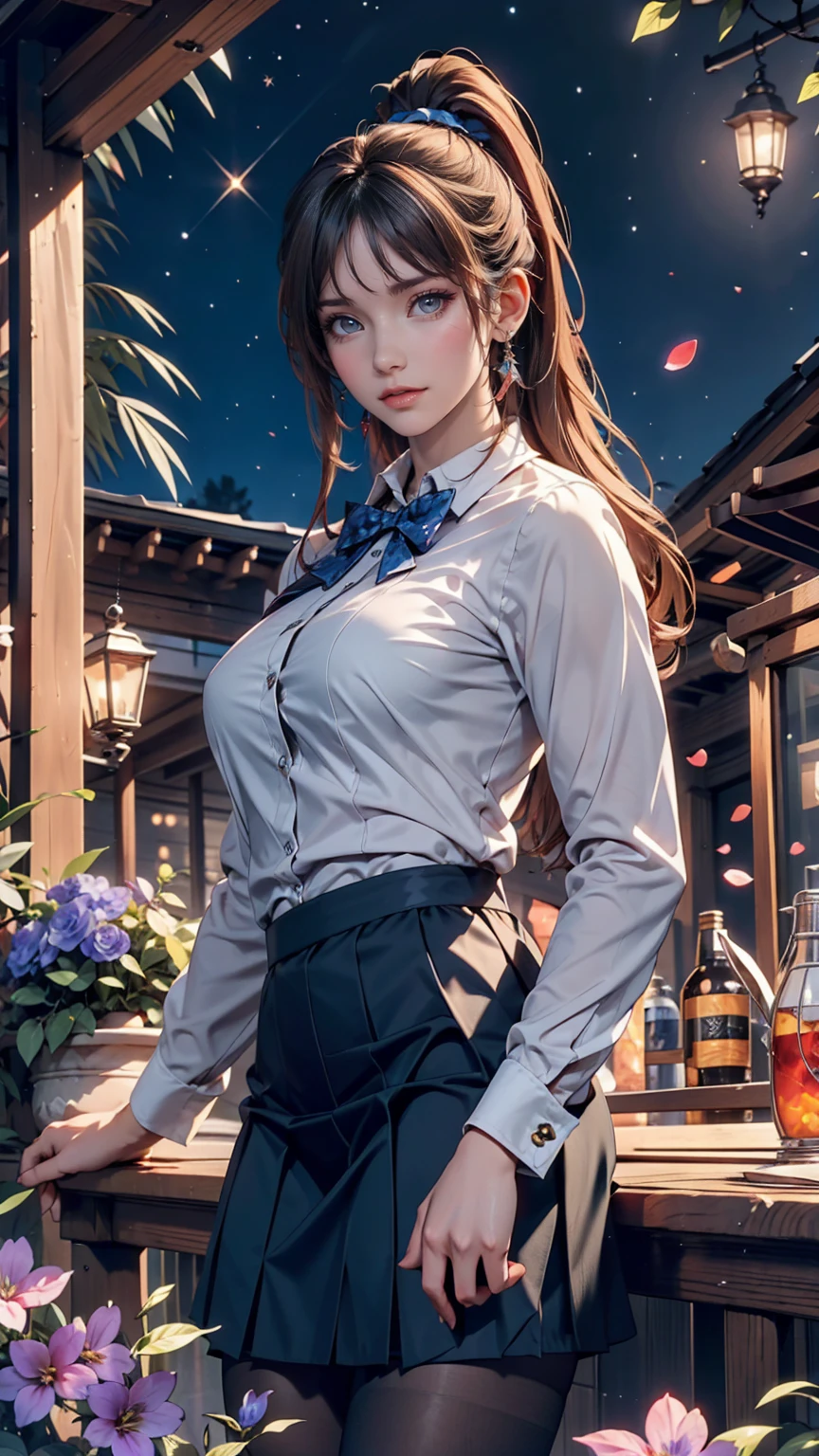 Highest quality, masterpiece,, figure, wallpaper,One girl, alone, school uniform, White shirt, Black Skirt, Light Hair, Semi-long hair, Beautiful detailed girl, Highly detailed eyes and face, Beautiful attention to detail, shy, nature_Lighting, Shine,Browsing Caution, clean null, View your viewers, Outdoor, night null, star (null), loafers, Black Pantyhose, Blue bow tie, Straight hair, Purple petals, Purple and blue flowers, Red Eyes, ponytail, Blue Ribbon,Gray Hair, thick_Thighs, Large Breasts, Red eyes,