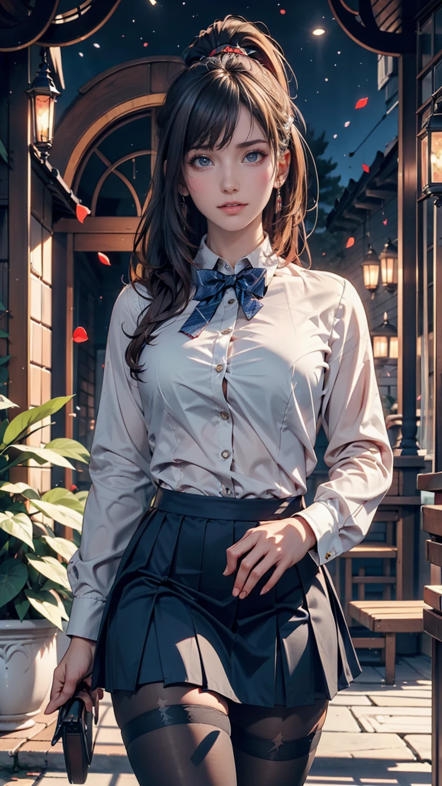 Highest quality, masterpiece,, figure, wallpaper,One girl, alone, school uniform, White shirt, Black Skirt, Light Hair, Semi-long hair, Beautiful detailed girl, Highly detailed eyes and face, Beautiful attention to detail, shy, nature_Lighting, Shine,Browsing Caution, clean null, View your viewers, Outdoor, night null, star (null), loafers, Black Pantyhose, Blue bow tie, Straight hair, Purple petals, Purple and blue flowers, Red Eyes, ponytail, Blue Ribbon,Gray Hair, thick_Thighs, Large Breasts, Red eyes,