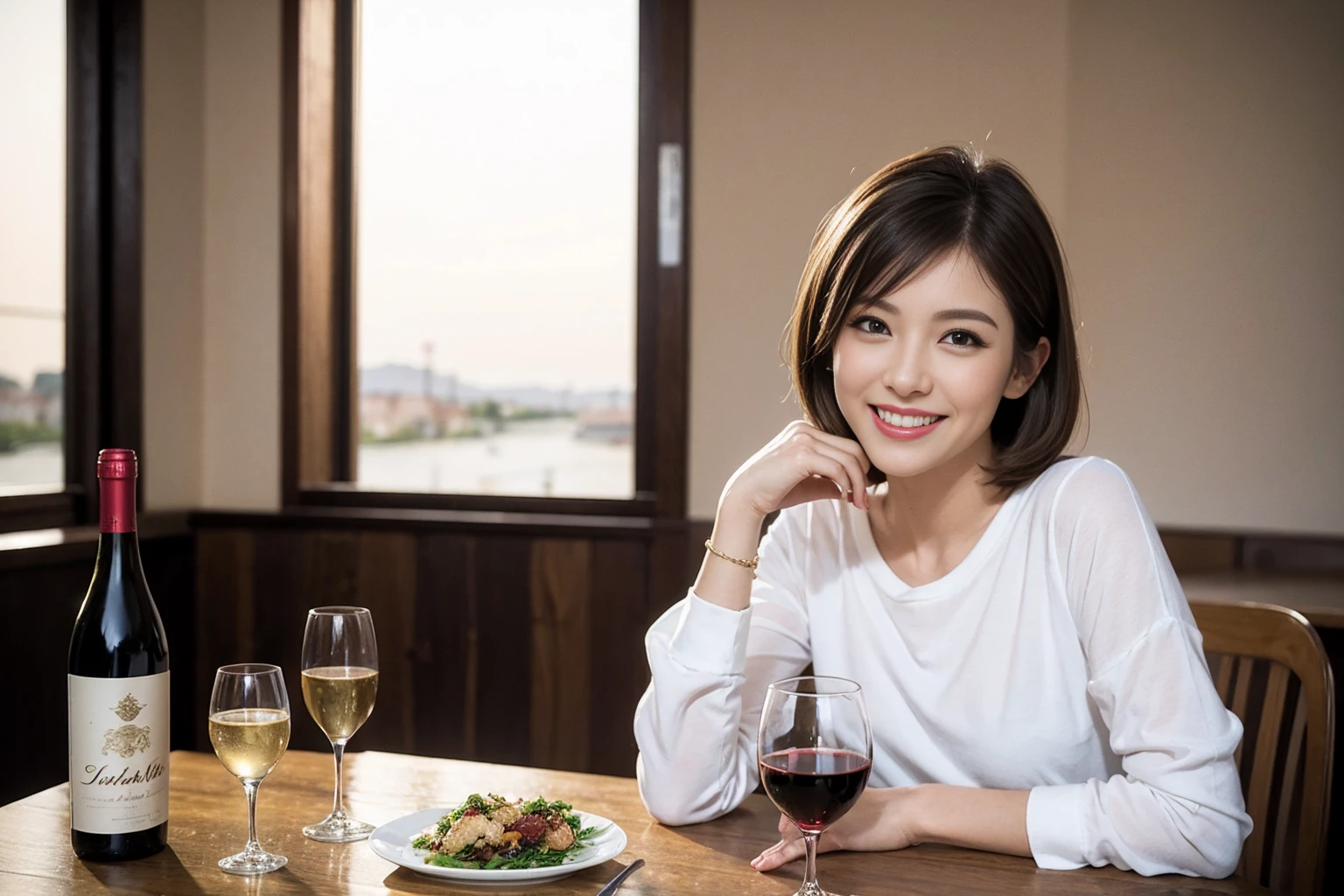 (Realistic:1.1),(masterpiece,Highest quality),8k,(49 years old), 53 years old, ベリーslimボディ、slimカップル、Tight waist,Upper Body,full-course dinner、wine 、Amazing view of the sunset sky and clouds、Perfect Anatomy, Brown Hair, short hair,Random Hairstyles,((Highly detailed face and eyes:1.2)),Perfect golden ratio face,Long sleeve shirt、dress,(smile:1.2)、Shortcuts、cute、(Realistic, Intricate details:1.2), A bright smile、short hair,Bright Face、赤wine 、Appetizers、Italian food、wine bottle、Champagne、スパークリングwine、(slimな顔), (The body is slim), (Brown Hair), (Shortcuts), Upper Body, 白wine, slim, wineグラス,