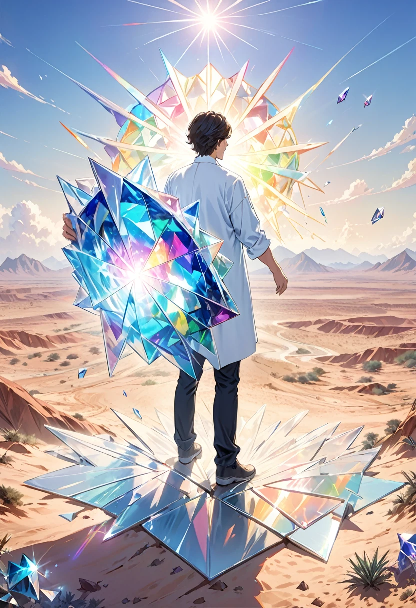 A man standing in the desert，Holding a large object in his hand, Full of glass. CG Society, Magic Crystal, Still frame from a movie, Inspired by Louis Mathieu Verdilhan, trance dj album cover, crack, triangle Fragments, lens flare, Connectivity, [ Fragments, 4 dimensions