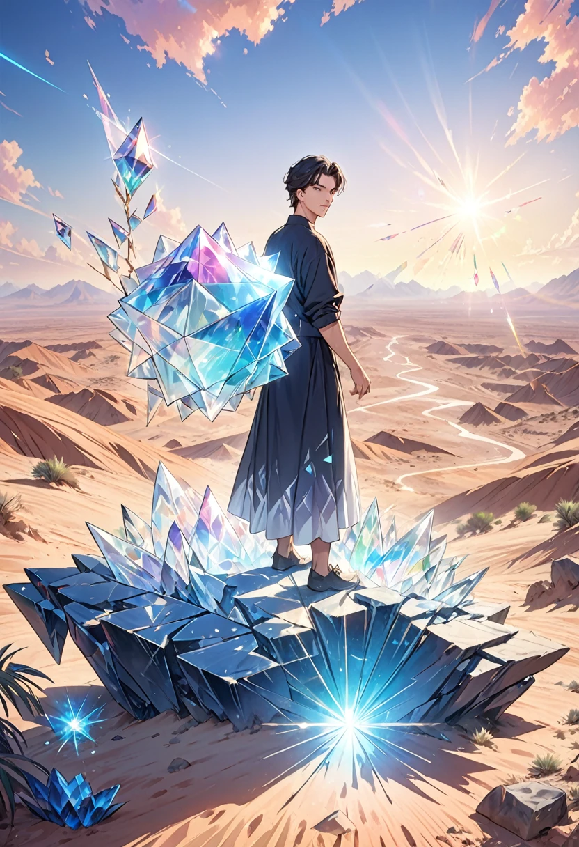 A man standing in the desert,Holding a large object in his hand, Full of glass. CG Society, Magic Crystal, Still frame from a movie, Inspired by Louis Mathieu Verdilhan, trance dj album cover, crack, triangle Fragments, lens flare, Connectivity, [ Fragments, 4 dimensions
