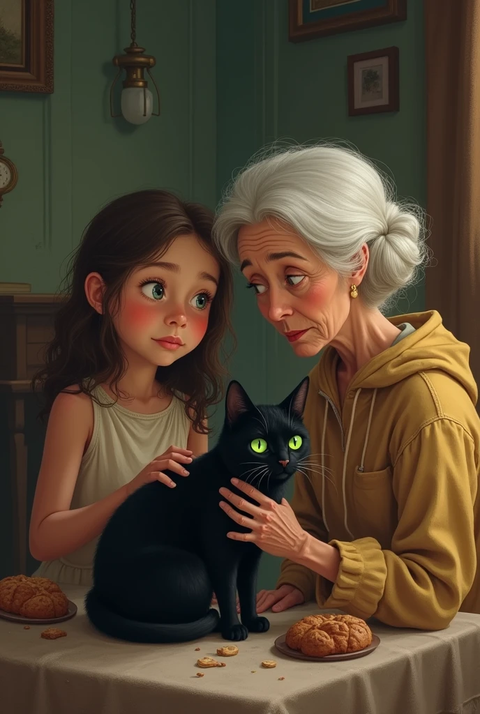 Girl arrives at her grandmother&#39;s house and tells her what happened and shows her the black cat with green eyes