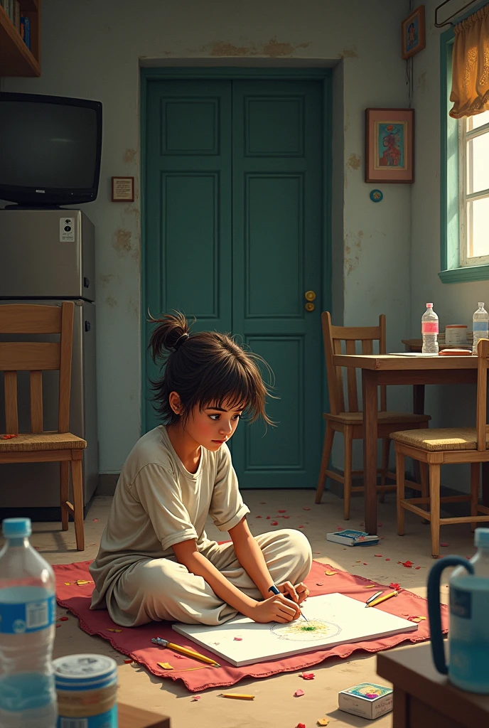 A poor Artist Girl making sketch . Sitting on bed, room full of objects like chairs, fridge, water bottles, book rack, tv etc. Girl have pencils and canvas. Girl wearing indian clothes pent and long shirt  poor. Messy hairs. Cute girl. No window of room, only a door. Girl sitting on bed, 