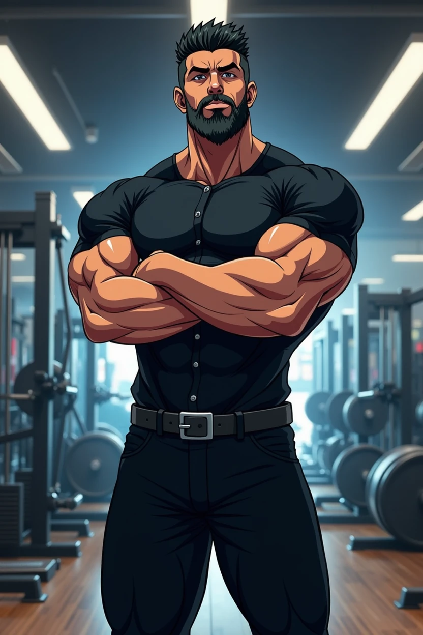 Imagine a man wearing black pant shirt with black beard with folded arms standing in front of fittness equipments inside a shop anime