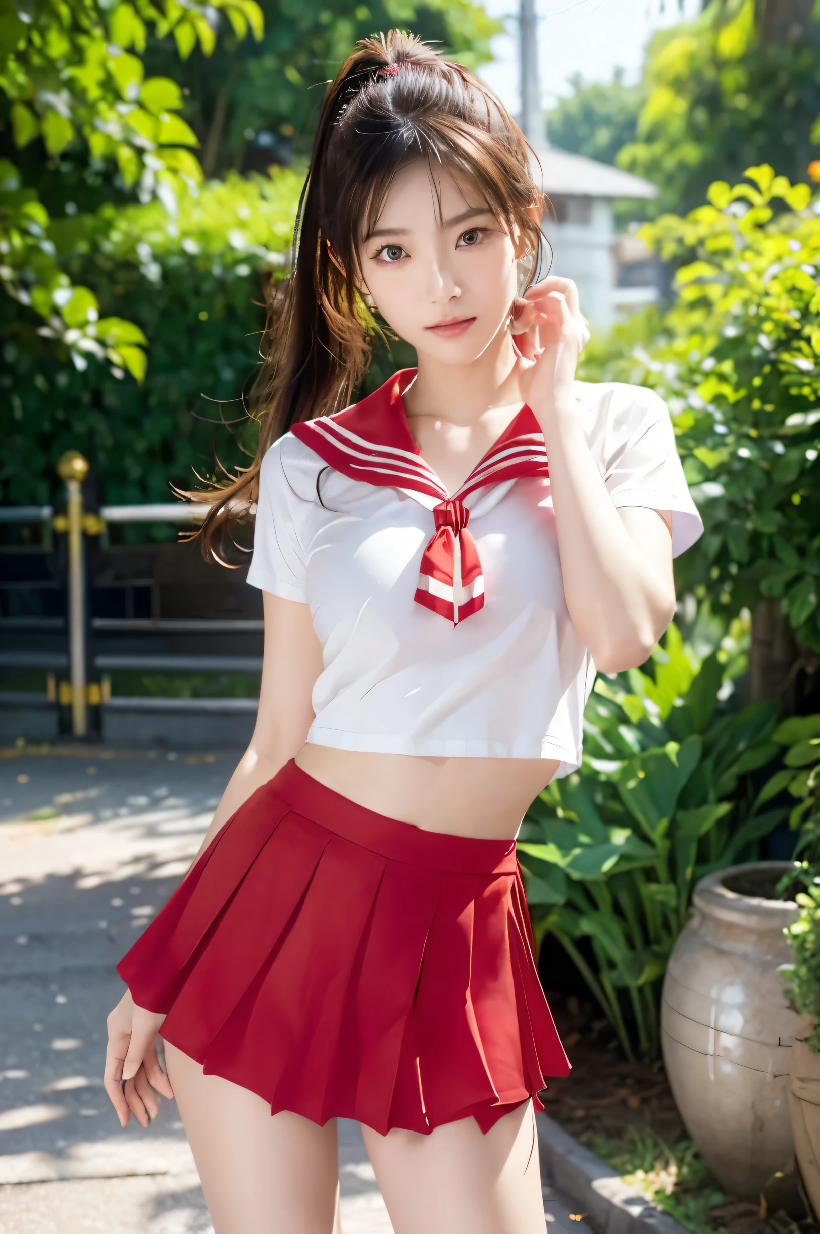 (Ultra HD), (Red sailor suit, Red short skirt), Big Breasts, slender, Narrow waist, (The belly button is visible:0.8), whole body, Standing posture, (Beautiful Skin, Shiny skin, White skin), (Super slim face, Super beautiful face, No makeup), (ponytail, Layered Cut, Fluffy hair), (double eyelid, Slanted Eyes), Small Nose, Thin lips, Thin legs, In front of the school gate