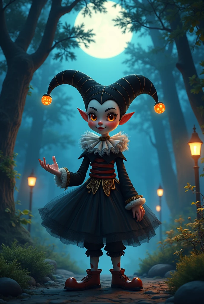 A happy Jester with a white and orange mask, black and white medieval style costume, in a forest in The night, anime