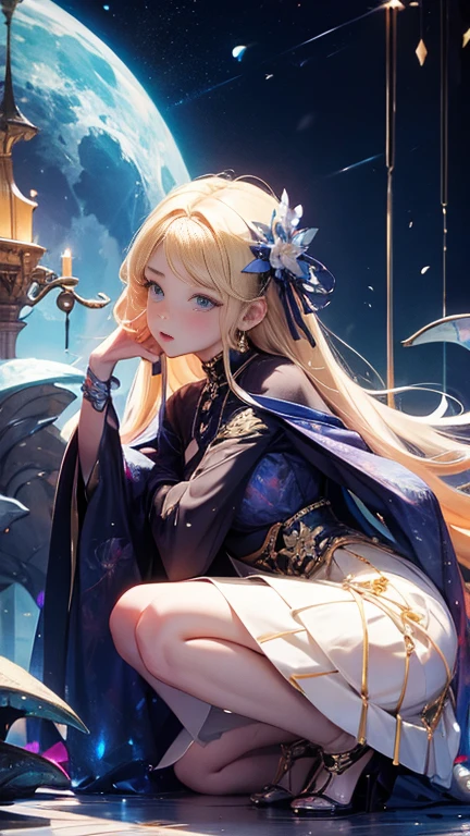 M bangs,Medium long blonde hair,ember,Half-sleeved robe,boot,Blue gradient pupil,Alchemist,acurate,tmasterpiece,4K --auto