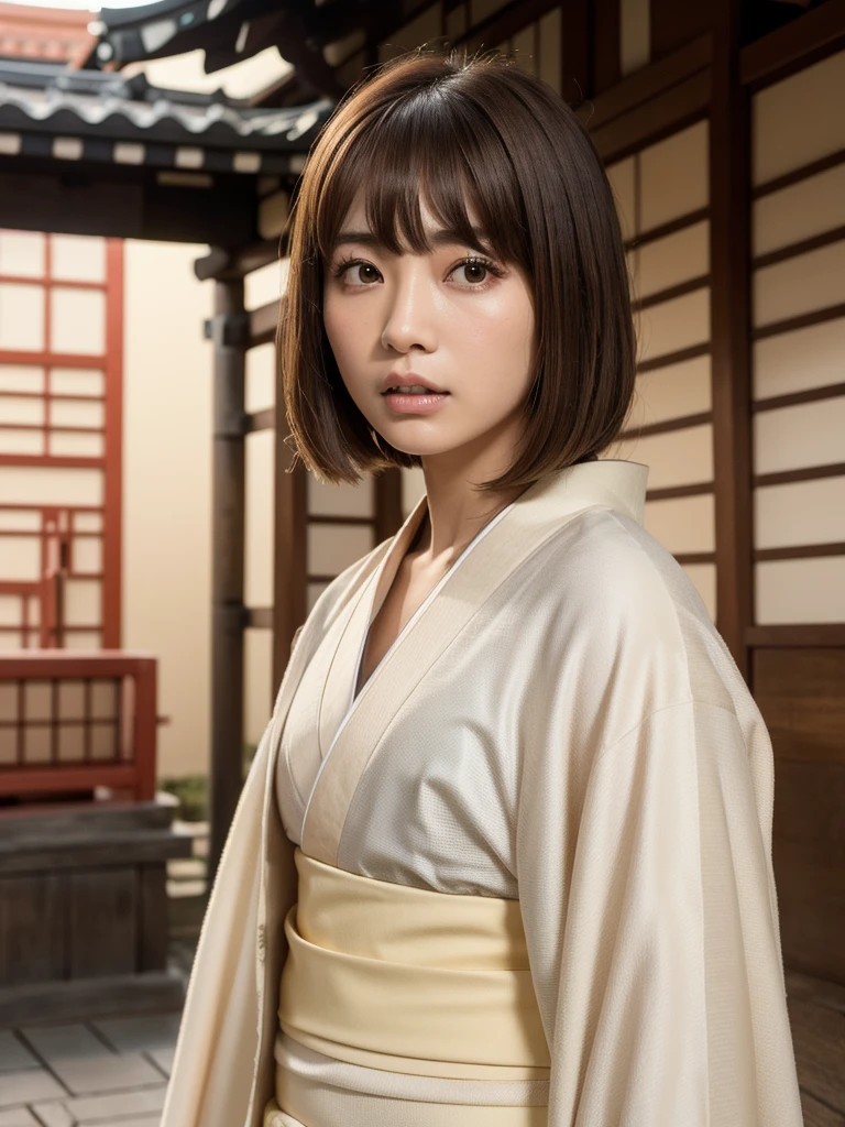 ( bangs, blunt bangs, brown hair, short hair, Straight hair, Depth of written boundary, f/4.0, 135mm, Nikon, uhd, masterpiece, Textured skin, Super detailed,4K,Wide-area lighting),(Beautiful woman: 1.4、Very white skin、Fine grain、 double eyelid)、(((wearing a luxurious kimono、Full body view、Sengoku period、Japanese-style building、Angry)))