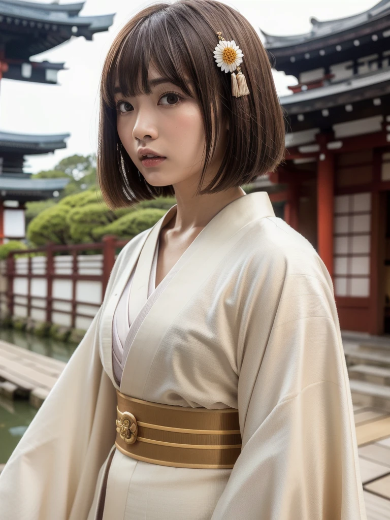 ( bangs, blunt bangs, brown hair, short hair, Straight hair, Depth of written boundary, f/4.0, 135mm, Nikon, uhd, masterpiece, Textured skin, Super detailed,4K,Wide-area lighting),(Beautiful woman: 1.4、Very white skin、Fine grain、 double eyelid)、(((wearing a luxurious kimono、Full body view、Sengoku period、Japanese-style building、Angry)))