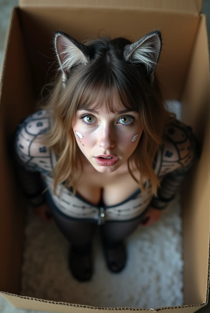 A  shocked 18 year old Russian girl wearing a realistic cat costume  standing in a cat box with white gravel shot from above as she looks at the camera. Big breasts. Wearing cat makeup . Fangs