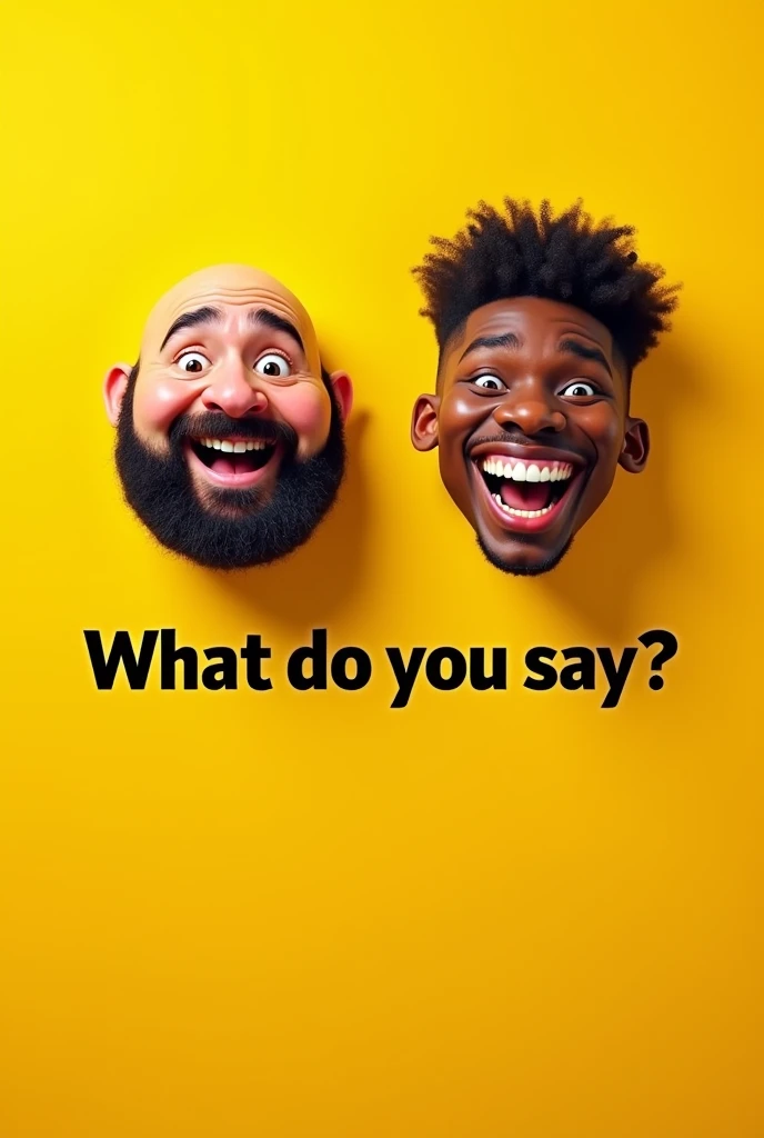 Create a yellow background flayer where a black text appears that says What do you say?? And just the disembodied face of a fat guy with a beard smiling and a skinny dark-skinned guy without a beard smiling in a 2D cartoon style with the style of a school of nothing.