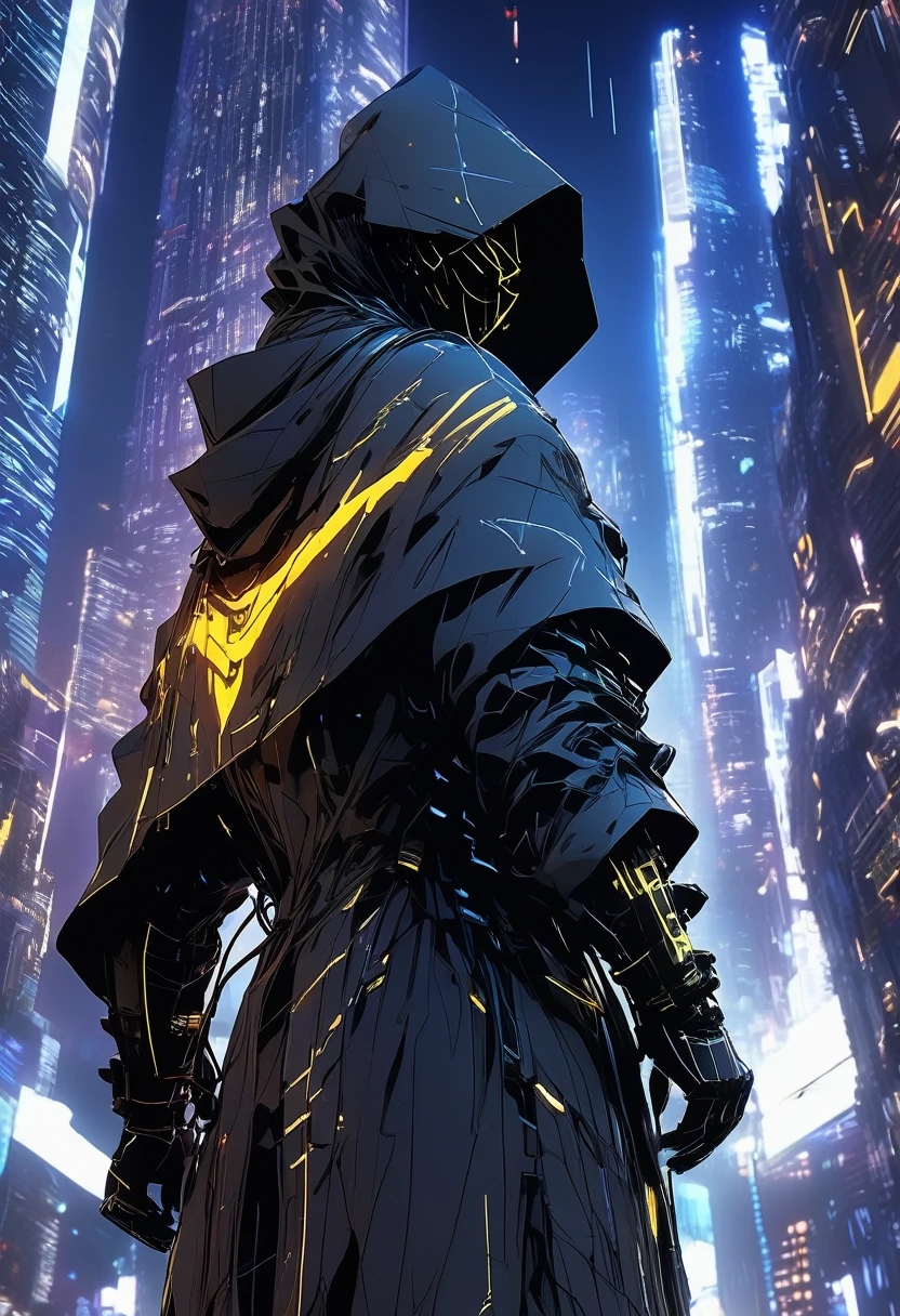 wide long shot, ((a man in a hooded futuristic suit with his back to the camera:1.5)), standing on a ledge, looking at a futuristic city at night, a dark cityscape with bright lights (best quality, 4k, 8k , high resolution, masterpiece: 1.2), ultra detailed (realistic, photorealistic, photorealistic: 1.37), cinematic lighting, dramatic shadows, moody atmosphere, intricate details, bright city lights, advanced technology, retro-futuristic architecture, dynamic pose, hood that casts shadows on the face, intense gaze