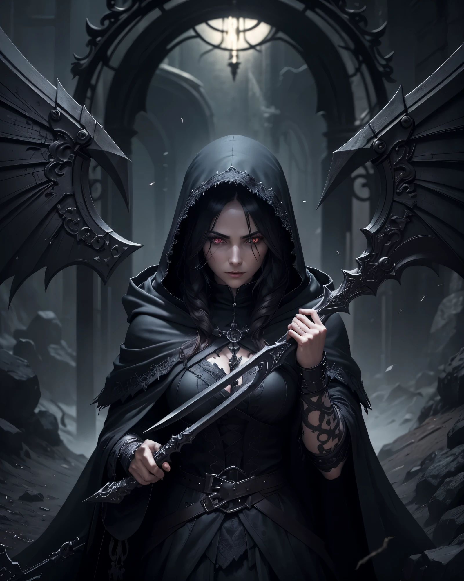 a female grimm reaper warrior, dark hooded robe, scythe weapon, gothic fantasy, intricate details, dark moody lighting, dramatic pose, intense glowing eyes, detailed facial features, long flowing hair, dark shadowy background, photorealistic, 8k, highly detailed, cinematic, dramatic lighting, dramatic atmosphere, striking pose