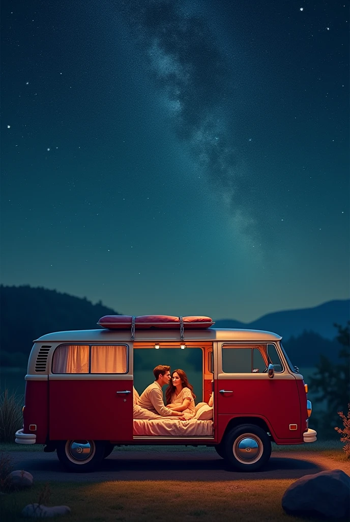 Create an image of a couple lying in a red van looking at the stars