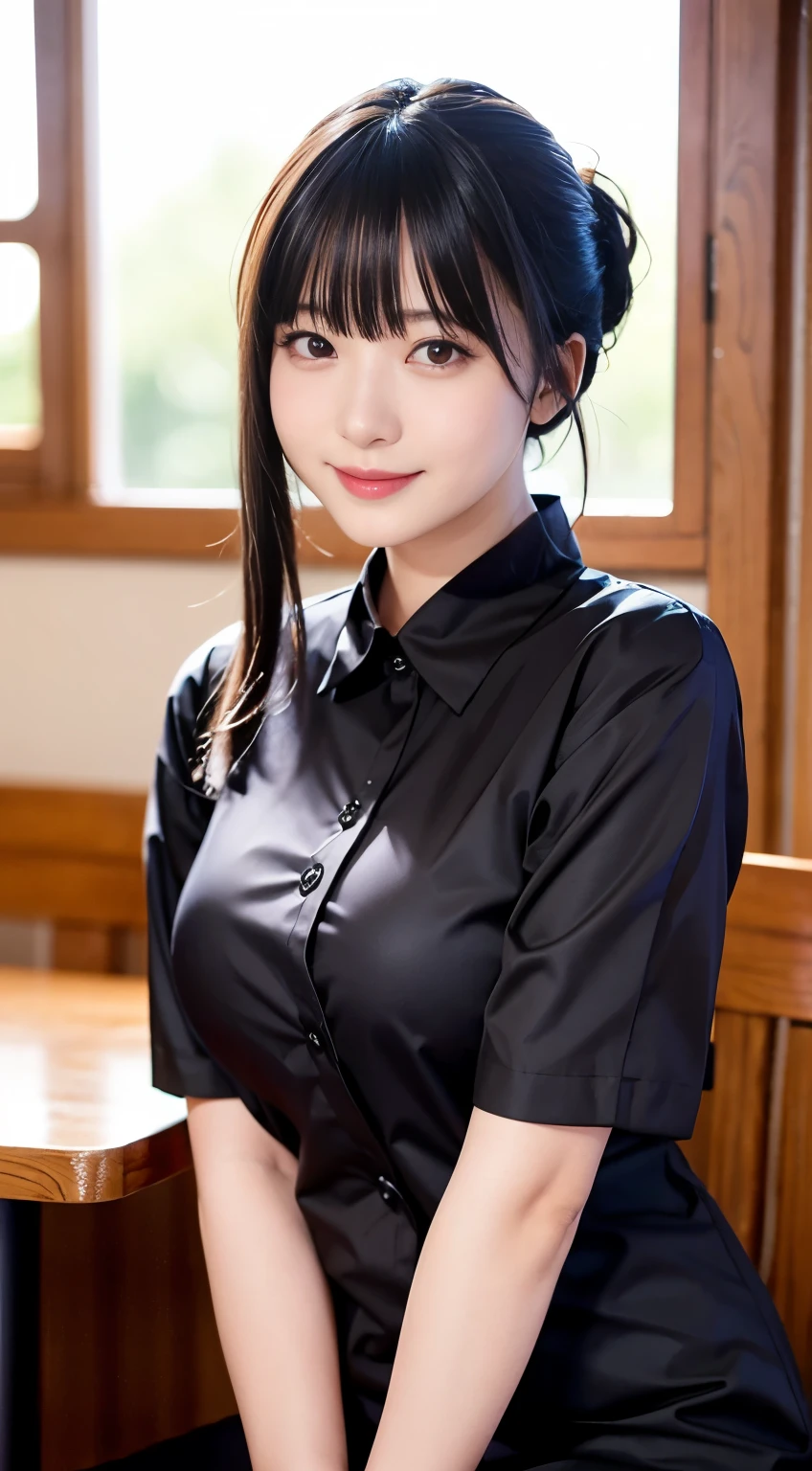 (Highest quality,masterpiece:1.3,Ultra-high resolution,),(Very detailed,Caustics),(Realistic:1.4,RAW shooting,)Ultra-Realistic Capture,Very detailed,High resolution 16K human skin closeup。 Natural skin texture、,pores、、、、It must be detailed enough to be easily identifiable。 Skin tone is even and healthy looking。 Use natural light and colour,restaurant,Waitress Uniform,1 girl,Japanese,18-year-old,cute,Black-haired,ponytail,Big Breasts,smile,Turn your body forward,(Front view:1.1),Looking into the camera,Cowboy Shot,