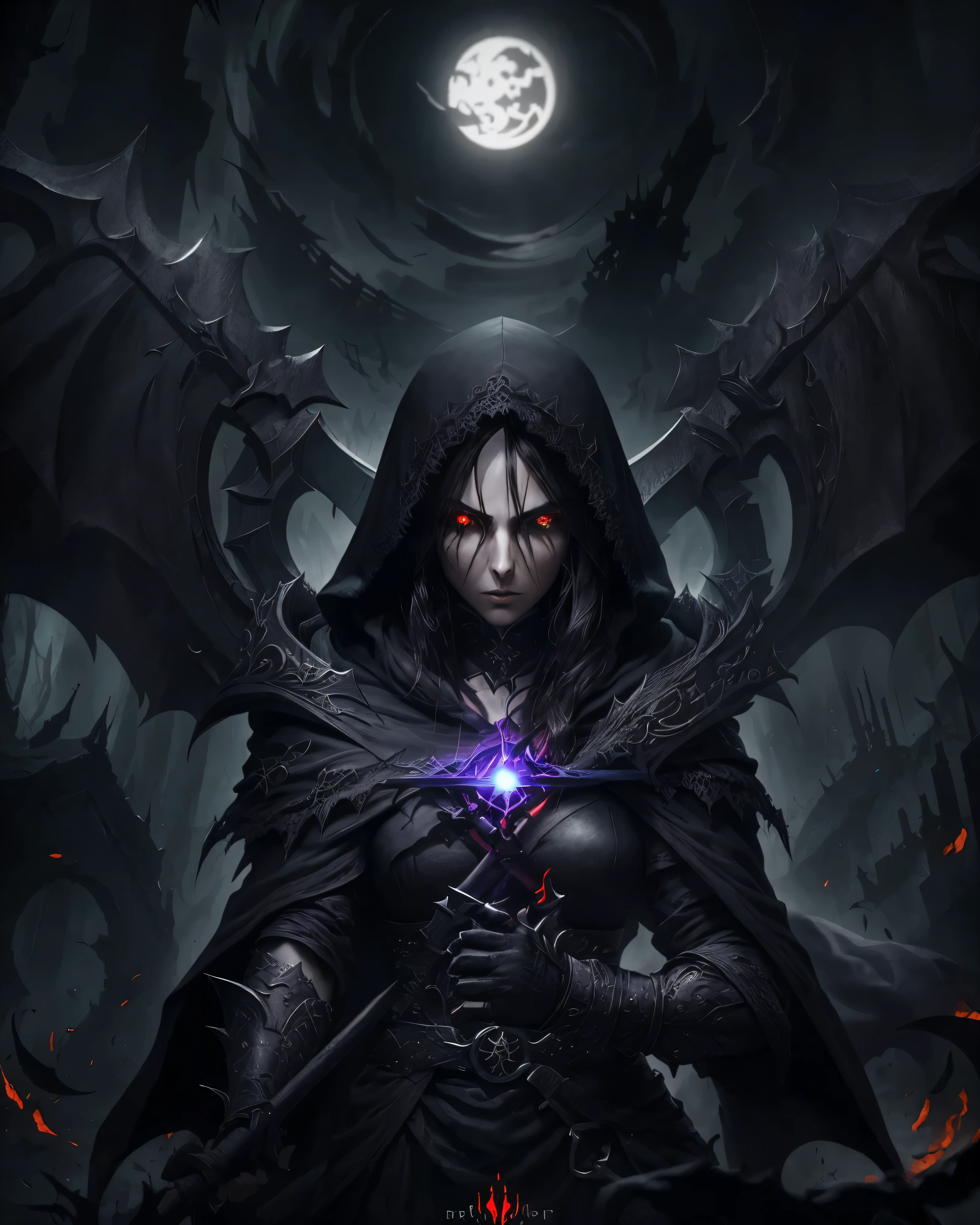 a female grimm reaper warrior, dark hooded robe, scythe weapon, gothic fantasy, intricate details, dark moody lighting, dramatic pose, intense glowing eyes, detailed facial features, long flowing hair, dark shadowy background, photorealistic, 8k, highly detailed, cinematic, dramatic lighting, dramatic atmosphere, striking pose