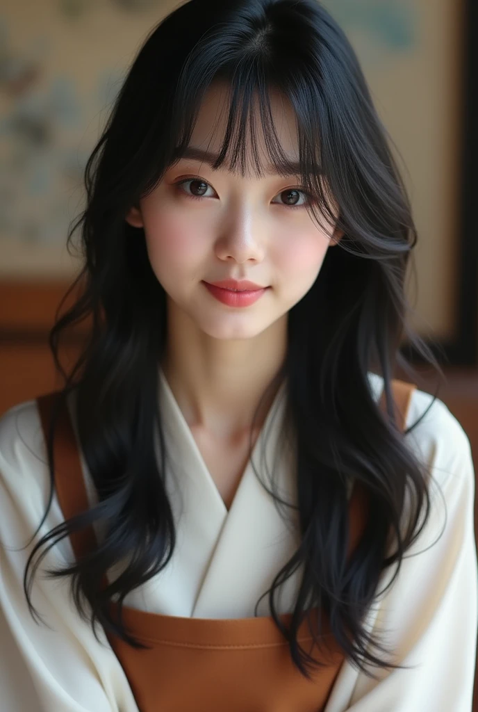 A female college student with medium-long black hair。I have a habit of licking my lips。Cute sleeves。Part your hair in the center、The bangs are very thin and see-through.。Tea Ceremony Club