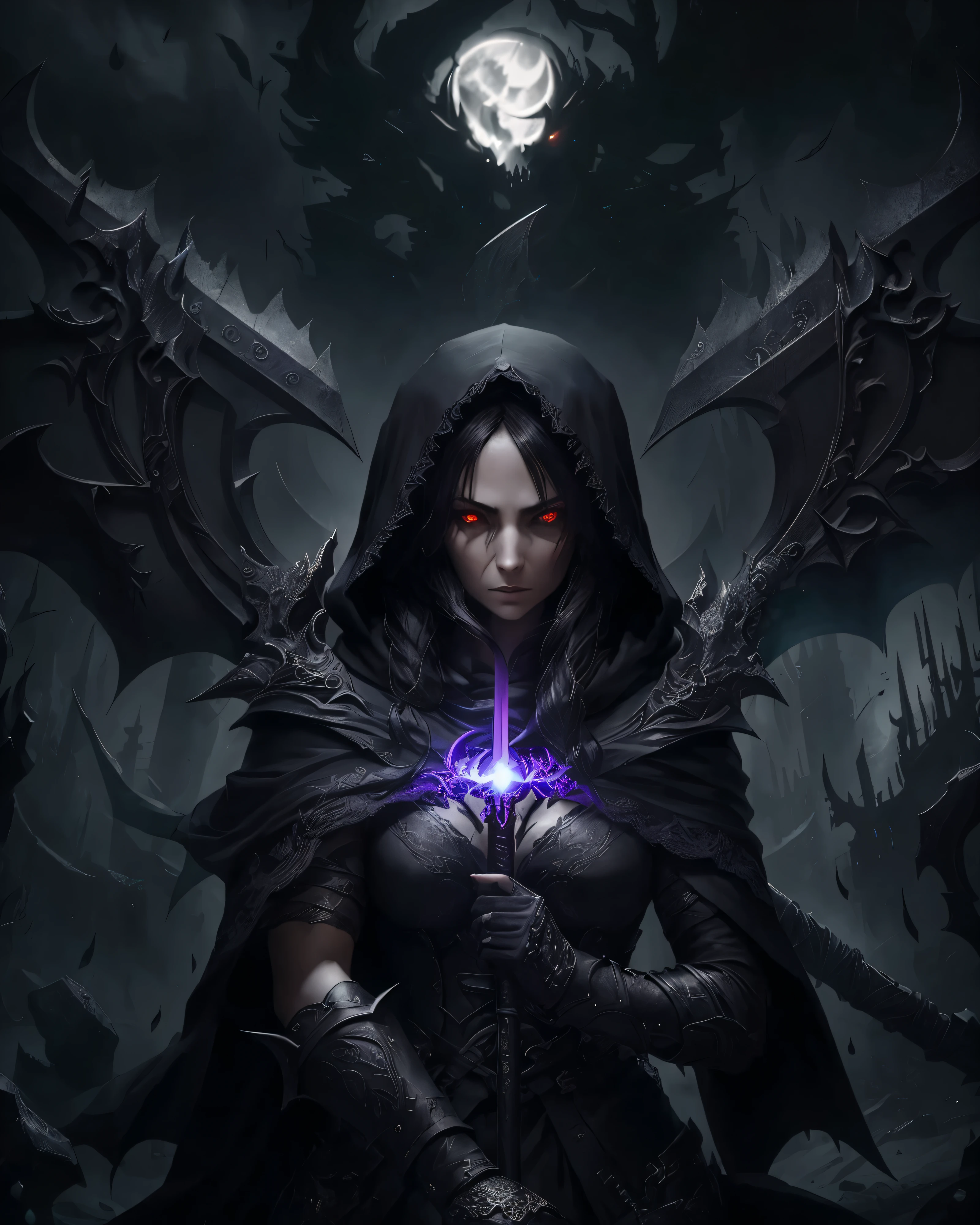 a female grimm reaper warrior, dark hooded robe, scythe weapon, gothic fantasy, intricate details, dark moody lighting, dramatic pose, intense glowing eyes, detailed facial features, long flowing hair, dark shadowy background, photorealistic, 8k, highly detailed, cinematic, dramatic lighting, dramatic atmosphere, striking pose