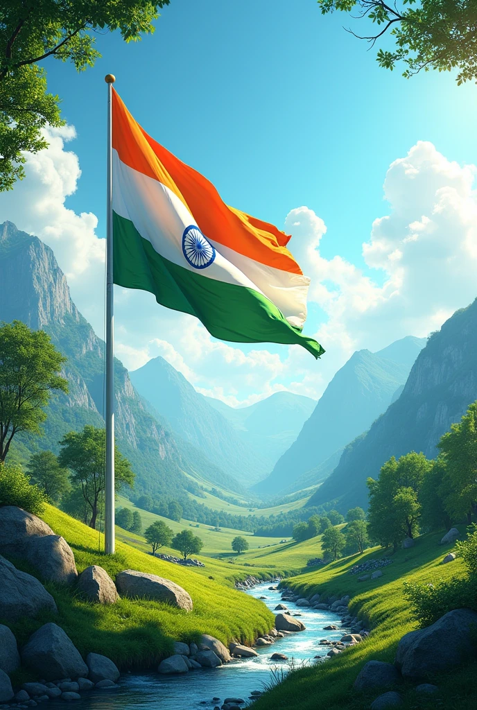 Genrate a a unique  poster  background that have indian flag and beautiful environment and dont have person one more part 2