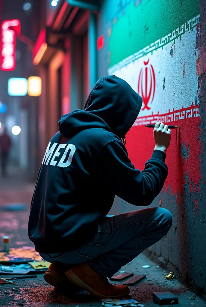 high quality, 8K Ultra HD, someone is drawing cyberpunk on the wall, art tools lay below, wearing hoodie with writing on the back of the hoodie MED and there is an Iranian flag , cool and elegant, in seoul city