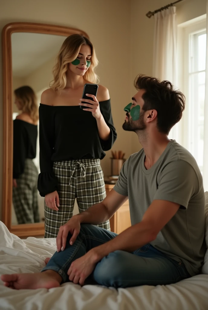  A beautiful blonde woman taking a photo in front of the mirror, with an iPhone, wearing a black crop top and plaid pants, with an easy green mask. A beautiful white man with black hair and tattoos on his hands, sitting on the bed also with his face with green clay, he wears jeans and a gray shirt, and looks in the mirror 
