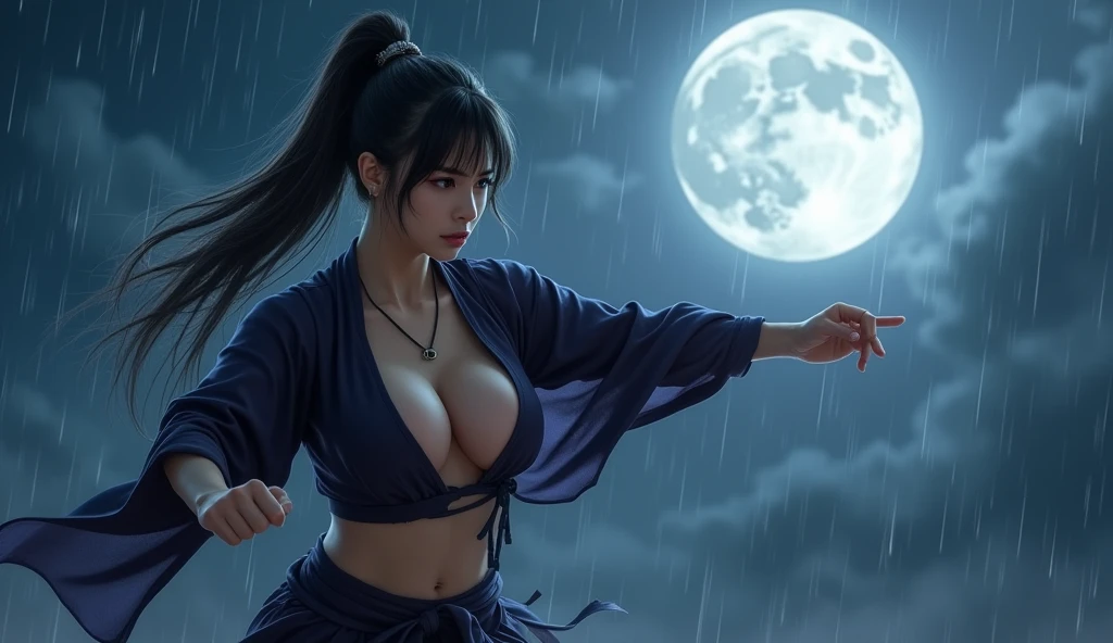 beautiful japanese woman with big breasts in a revealing short ninja costume, night, big moon, moonlight, strong wind, raindrops, preparing to strike, fighting pose, confident look