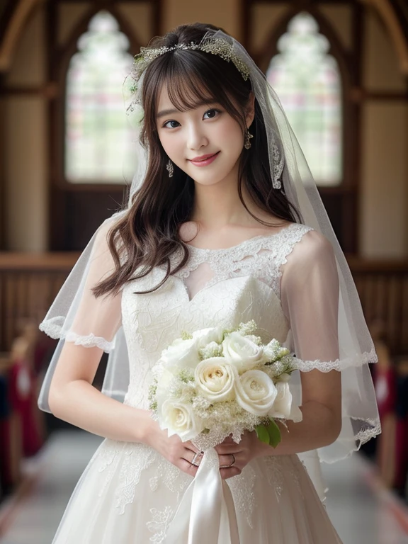 Photo-realistic quality、a woman in a Wedding dress holding a bouquet of flowers、20 year old Japanese model、白のWedding dress,Hanae Mori style wedding dress、lace prom dresses、looking at the camera、Detailed and beautiful eyes、Cute smile、Relaxed and gentle expression、a close up of a woman in a Wedding dress holding a bouquet, Wedding dress, So magical and dreamy