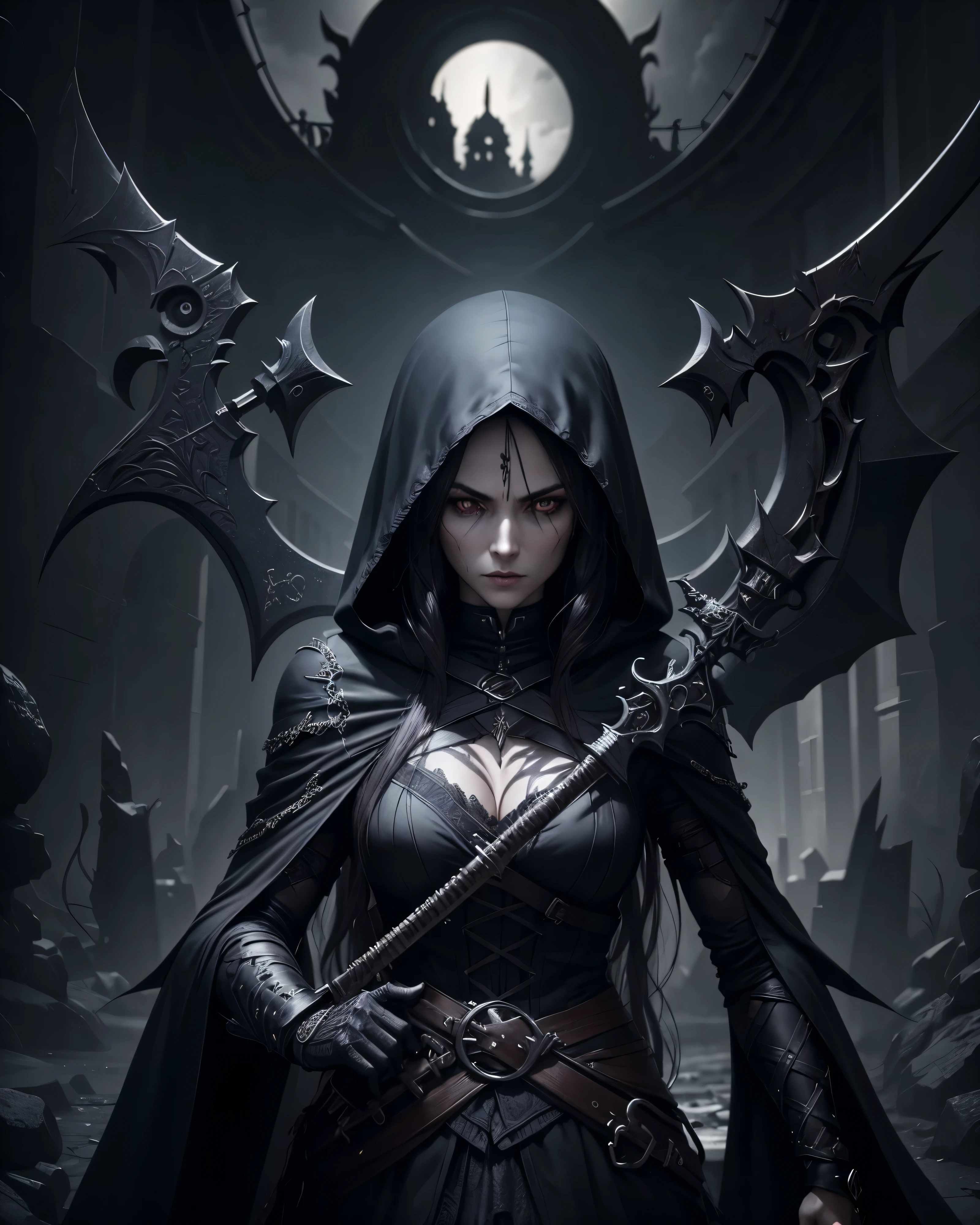 a female grimm reaper warrior, dark hooded robe, scythe weapon, gothic fantasy, intricate details, dark moody lighting, dramatic pose, intense glowing eyes, detailed facial features, long flowing hair, dark shadowy background, photorealistic, 8k, highly detailed, cinematic, dramatic lighting, dramatic atmosphere, striking pose