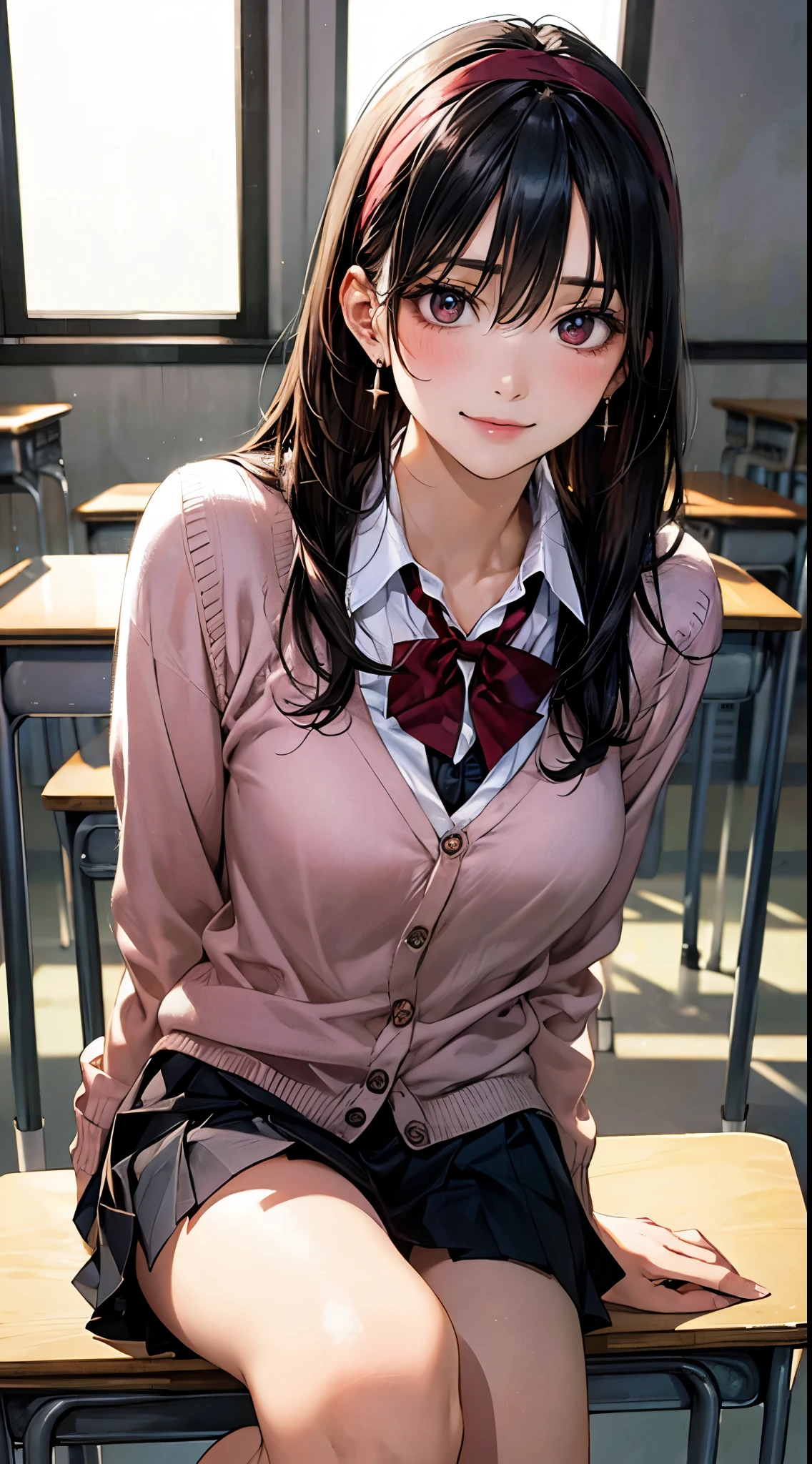 (masterpiece:1.2, highest quality), (realistic photo:1.4), beautiful illustrations, (natural side lighting, movie lighting),
looking at the viewer, 1 girl, japanese, high school girl, perfect face, cute symmetrical face, shiny skin, baby face,
(long hair, straight hair, (dark red headband), black hair), hair between eyes, maroon eye idol chest, seductive thighs, big ass), earrings,
beautiful hair, beautiful face, detailed and beautiful eyes, beautiful clavicle, beautiful body, beautiful breasts, beautiful thighs, beautiful feet, beautiful fingers, slender,
(white collared shirt, long sleeve pink knit cardigan, black pleated mini skirt, dark red flat bow tie),
(beautiful scenery), evening, (school classroom:1.2), sitting on chair, (cute smile, upper eye)