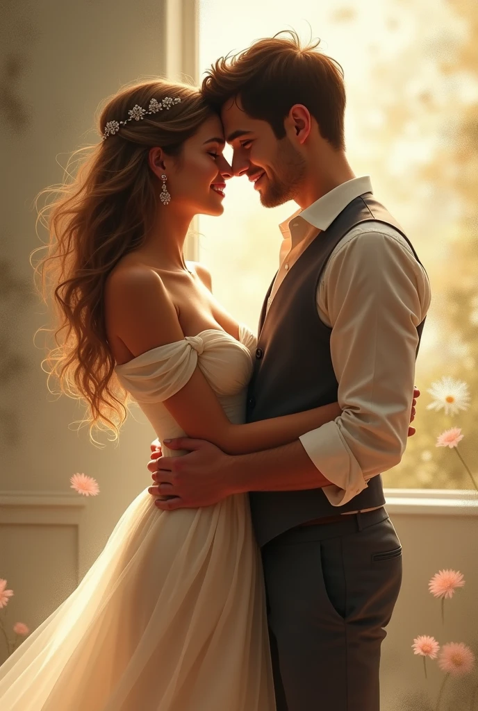 For cover novel
have girl wearing white dress 
And man wearing nevy blue suit