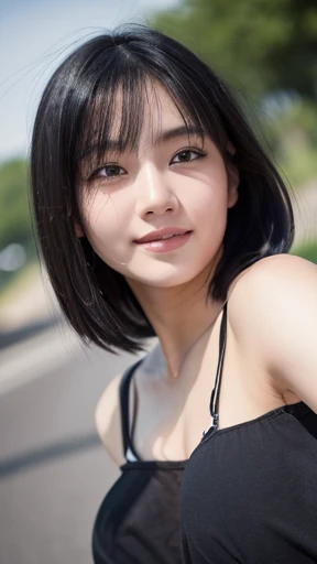 Three smiling girls, Blowing in the wind for a long time [Blue-black:.3] hair,View your viewers, (masterpiece:1.3), (8k, Realistic, RAW Photos, Highest quality: 1.4), Japanese, (One Girl), Beautiful Face, (Realistic Face), (black hair, short hair:1.3), beautiful hairstyle, Realistic eyes, Beautiful details, (Realistic Skin), Beautiful Skin, charm, Ultra-high resolution, Ultra-realistic, Very detailed, student, Nipples、naked、thigh、Selfie