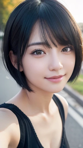 Three smiling girls, Blowing in the wind for a long time [Blue-black:.3] hair,View your viewers, (masterpiece:1.3), (8k, Realistic, RAW Photos, Highest quality: 1.4), Japanese, (One Girl), Beautiful Face, (Realistic Face), (black hair, short hair:1.3), beautiful hairstyle, Realistic eyes, Beautiful details, (Realistic Skin), Beautiful Skin, charm, Ultra-high resolution, Ultra-realistic, Very detailed, student, Nipples、naked、thigh、Selfie