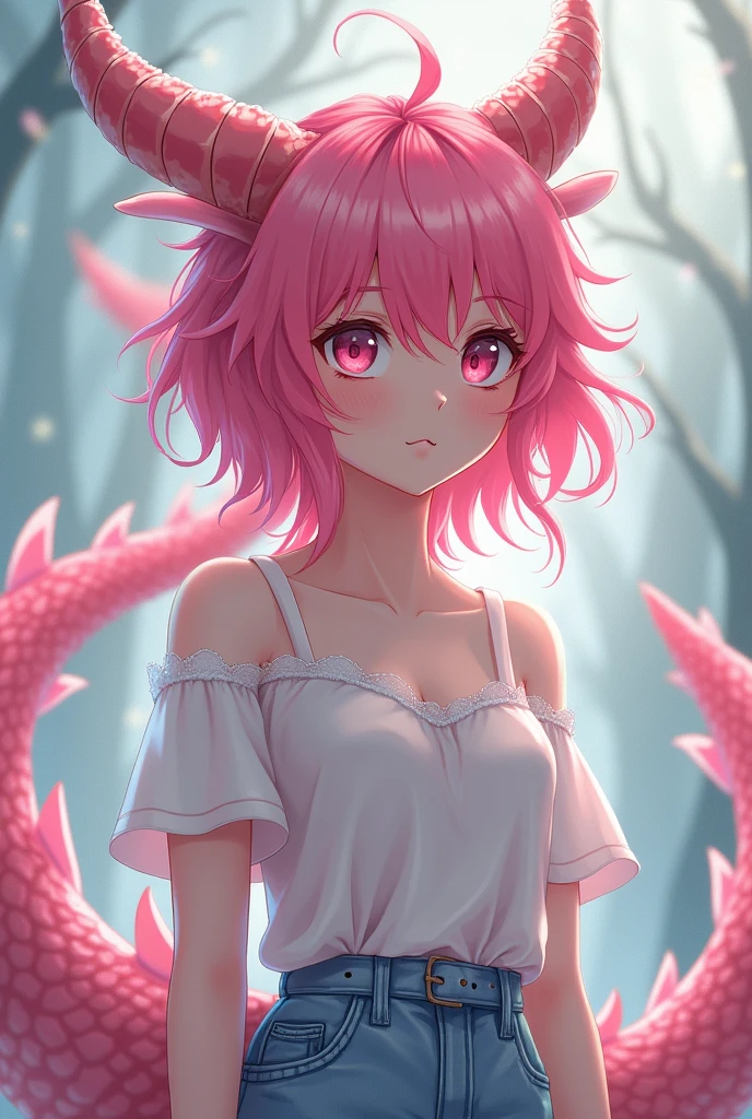 Half-human and pink-haired anime dragon with casual dress beautiful and tender