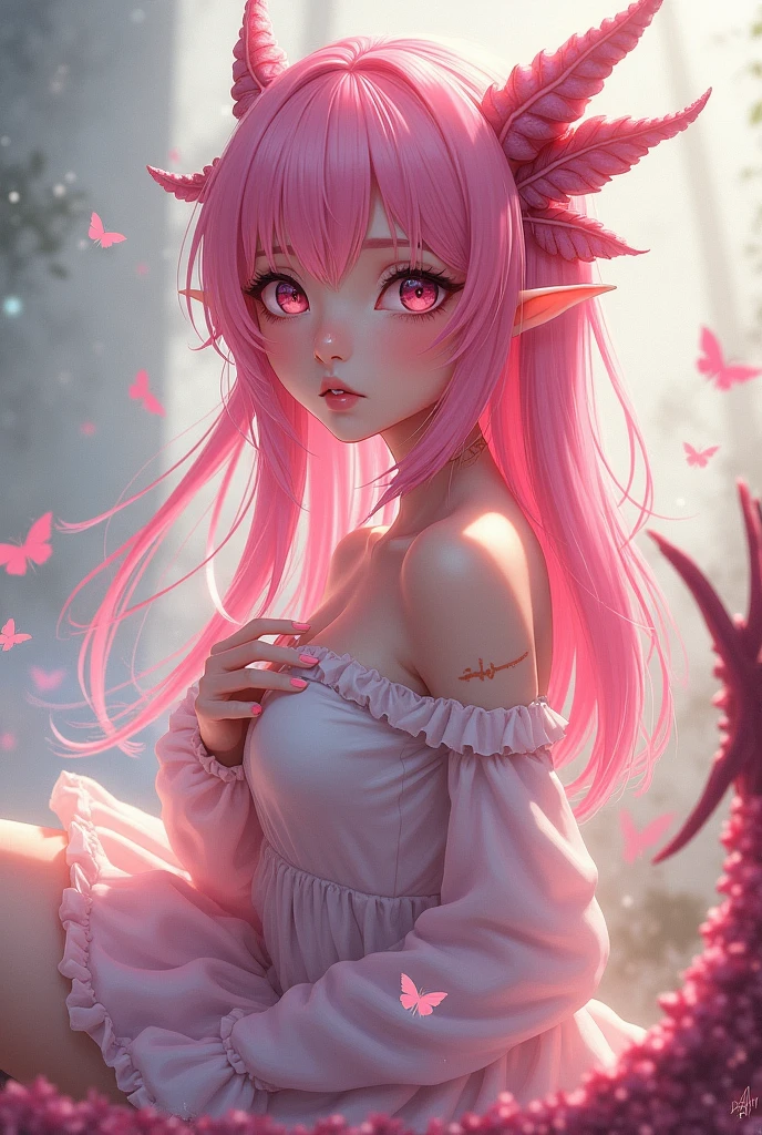 Half-human and pink-haired anime dragon with casual dress beautiful and tender