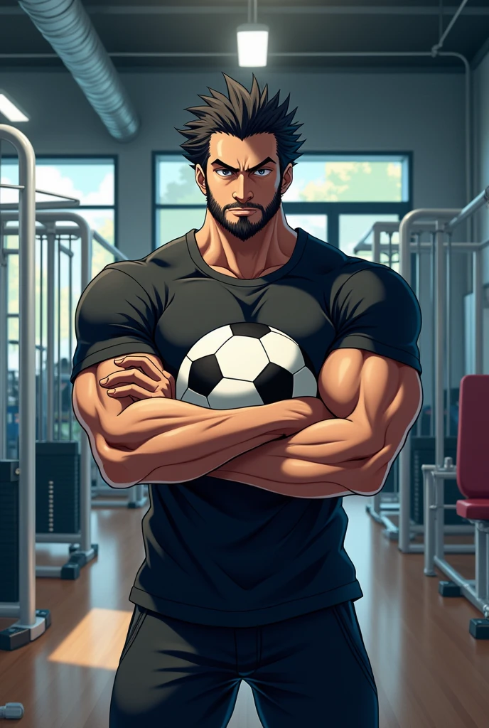 Imagine a man wearing black pant shirt with black beard with folded arms standing in front of fittness equipments inside a shop anime looking ahead and holding soccer