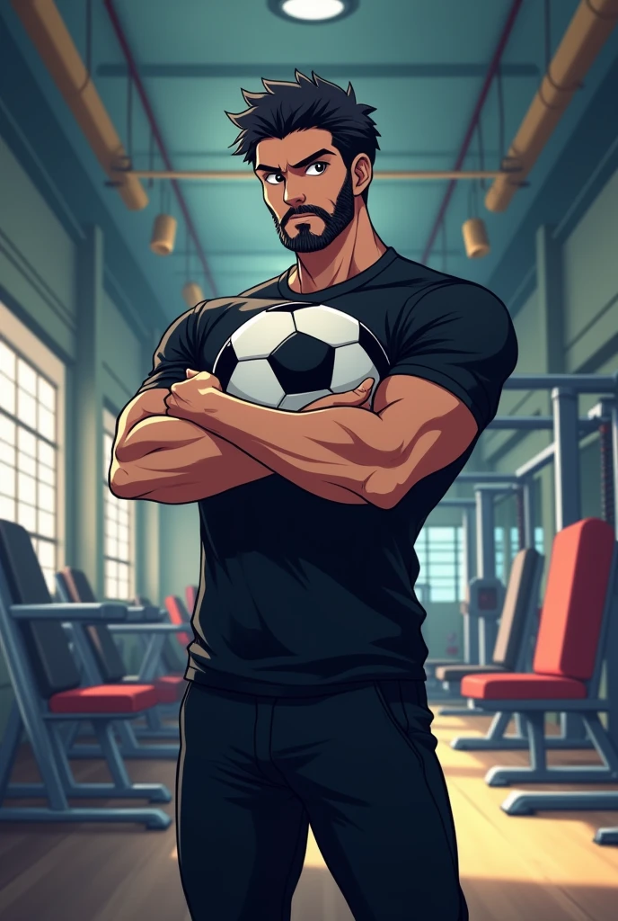 Imagine a man wearing black pant shirt with black beard with folded arms standing in front of fittness equipments inside a shop anime looking ahead and holding soccer