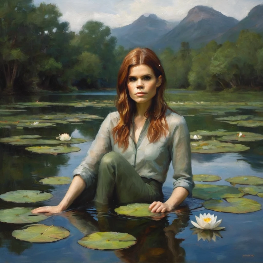 a lovely  woman (Kate Mara) in a pond with lily pads in the water, in a pond, standing in a pond, floating in a powerful zen state, nymph in the water, sitting in a reflective pool, floathing underwater in a lake, sitting at a pond, in water up to her shoulders, the hair floats on the water, in a lake, in the water