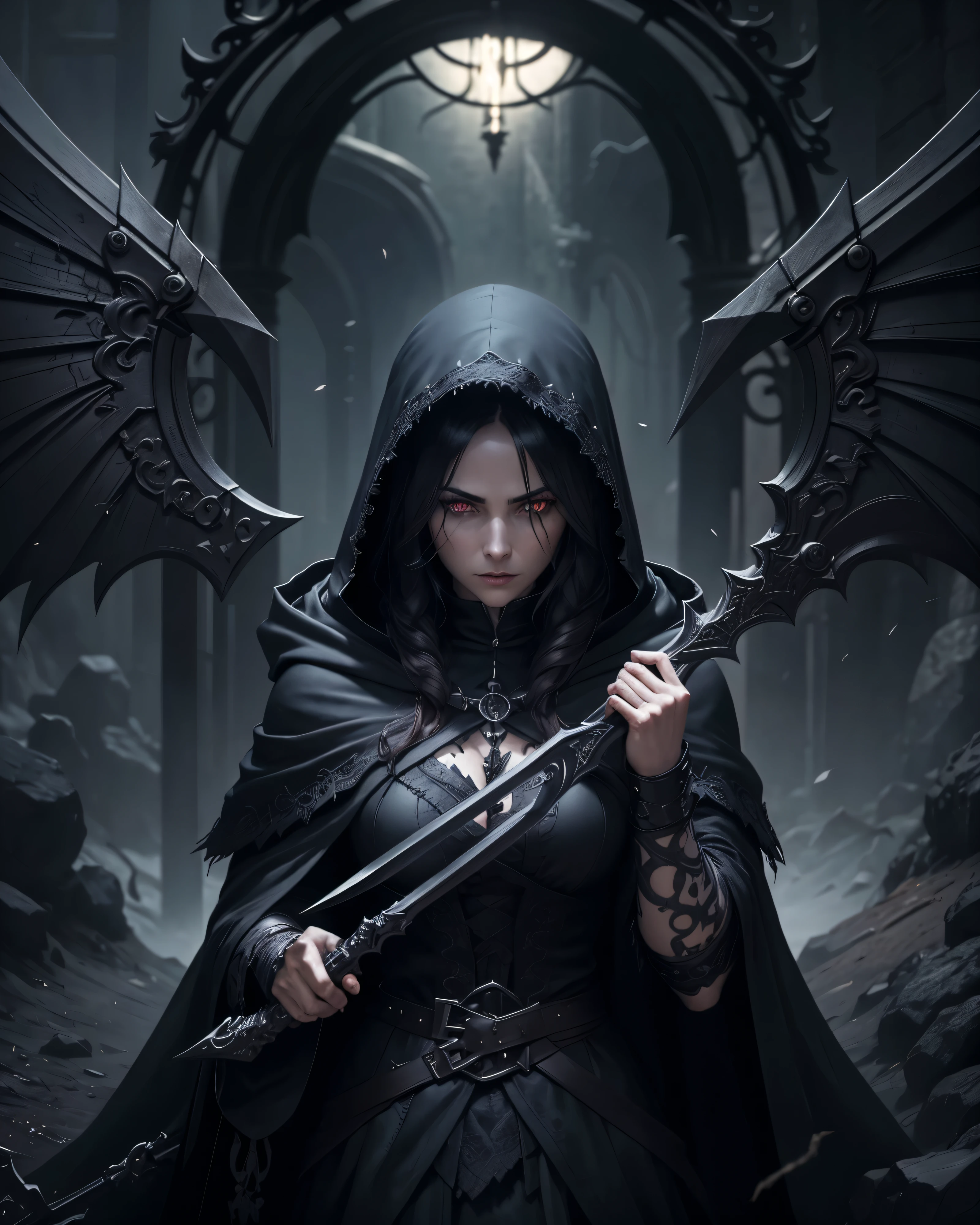 a female grimm reaper warrior, dark hooded robe, scythe weapon, gothic fantasy, intricate details, dark moody lighting, dramatic pose, intense glowing eyes, detailed facial features, long flowing hair, dark shadowy background, photorealistic, 8k, highly detailed, cinematic, dramatic lighting, dramatic atmosphere, striking pose